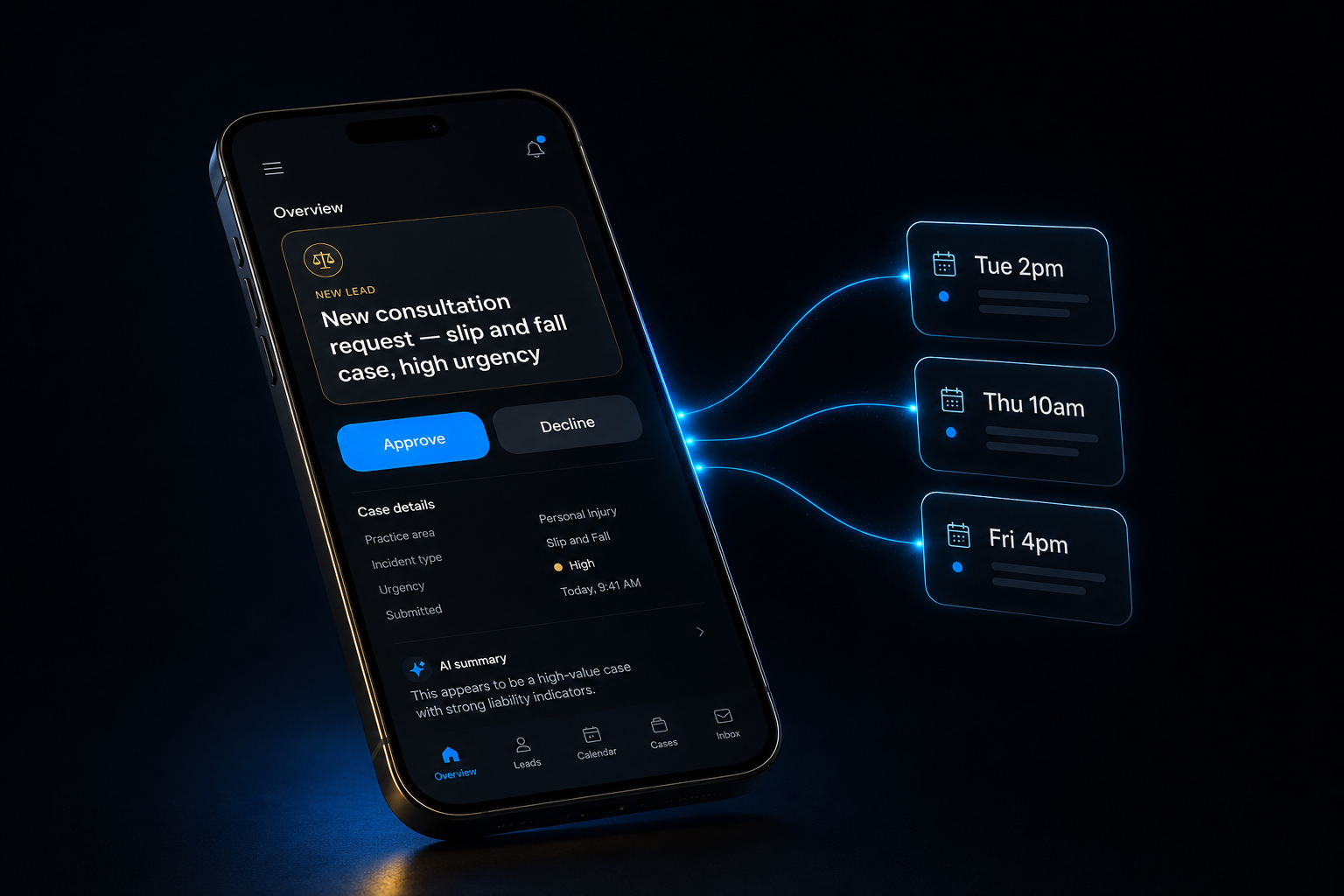 Triage Intake — one-tap approve notification with three calendar slots auto-firing to the client