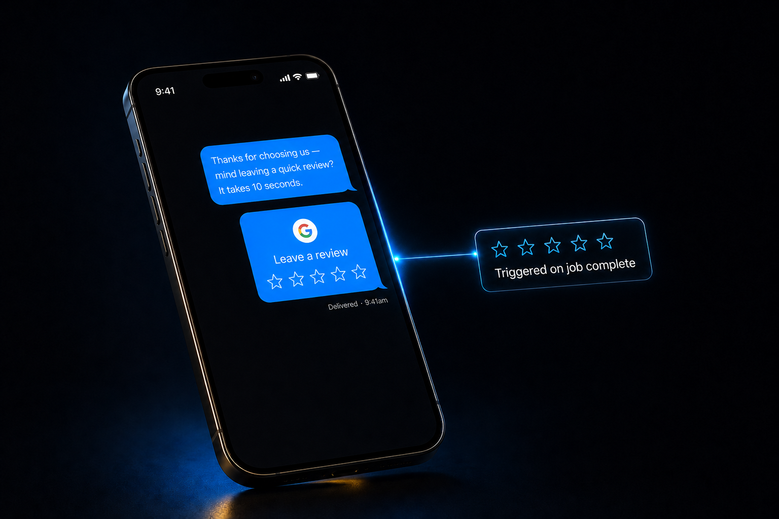 Review Request Workflow — automated Google review request SMS triggered when a job hits complete