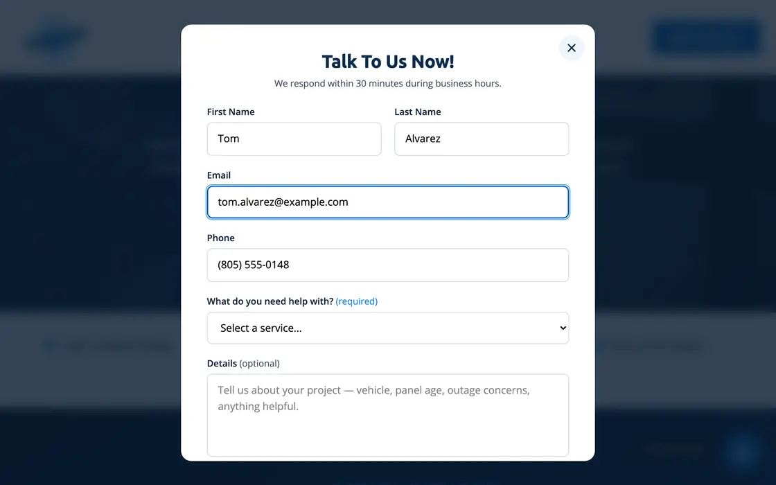 The Amped Electrical quote form, phone and email filled in